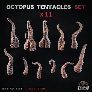 Puede incluir: Un conjunto de once tentáculos de pulpo marrones, cada uno con una superficie texturizada y ventosas. Los tentáculos varían en tamaño y curvatura, dispuestos sobre un fondo oscuro. El texto "OCTOPUS TENTACLES SET x11" es visible.