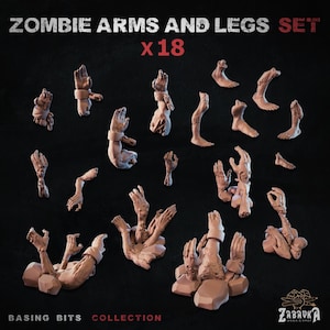 May include: A collection of 18 light brown zombie arms and legs. The image displays various hands, arms, feet, and legs. The text at the top reads "ZOMBIE ARMS AND LEGS SET X18". The bottom text reads "BASING BITS COLLECTION".
