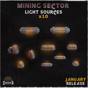 Pode incluir: Uma coleção de dez modelos de fontes de luz para um setor de mineração, em várias formas e tamanhos. Os modelos são cinza com interiores laranja brilhante, em um fundo escuro. O texto na parte superior diz "MINING SECTOR LIGHT SOURCES x10". O texto inferior diz "JANUARY RELEASE".