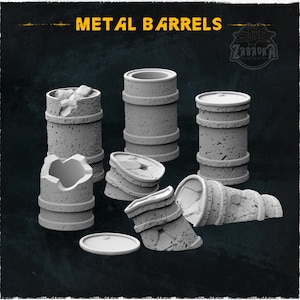 May include: A collection of gray metal barrels, some intact and others damaged, with a textured surface. The barrels vary in size and shape, with some having lids and others broken open. The image is set against a dark background.