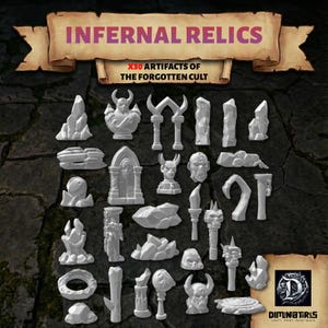 30x Infernal Relics Basing Bits | 28mm 32mm Tabletop Terrain Miniature Diorama Scenery Decor Forgotten Cult Artifacts Rocks | Diminiatures