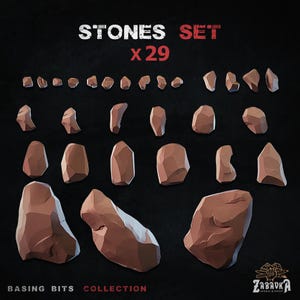 May include: A set of 29 brown stones in different shapes and sizes, presented against a dark backdrop. The text "STONES SET x29" is at the top, with "BASING BITS COLLECTION" at the bottom. Ideal for model making.