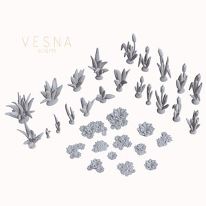 May include: A collection of gray, stylized plant sculptures in various shapes and sizes. The sculptures include leaf-like forms, cattails, and clustered floral designs. The text "VESNA SCULPTS" is displayed in the upper left corner.