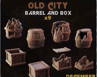 9x Ruins Of The Old City Barrel And Box Basing Bits | 28mm 32mm Tabletop Terrain Miniature Diorama Scenery Decor Crates | ZABAVKA WORKSHOP