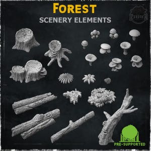 May include: A collection of forest scenery elements, including tree stumps, mushrooms, logs, and branches. The text "FOREST SCENERY ELEMENTS" is displayed at the top. The items are pre-supported.