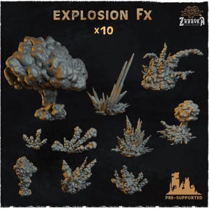 Peut inclure: Un ensemble de dix effets d'explosion gris imprimés en 3D. L'ensemble comprend diverses formes et tailles, notamment des nuages en forme de champignon et des motifs d'éclatement pointus. Le texte "EXPLOSION FX x10" est affiché en haut.