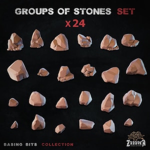 Könnte beinhalten: Ein Set aus 24 Miniatur-Steinmodellen in verschiedenen Formen und Größen, dargestellt auf dunklem Hintergrund. Die Steine sind hellbraun und für die Basing Bits-Kollektion konzipiert. Der Text "GROUPS OF STONES SET x24" befindet sich oben.