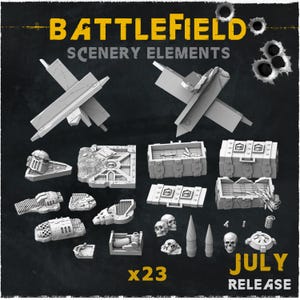 Può includere: Una collezione di 23 Elementi Scenografici da Campo di Battaglia in grigio chiaro. Il set include barricate, casse, teschi e altri elementi di terreno in miniatura. Il testo "Battlefield Scenery Elements" e "July Release" sono visibili.