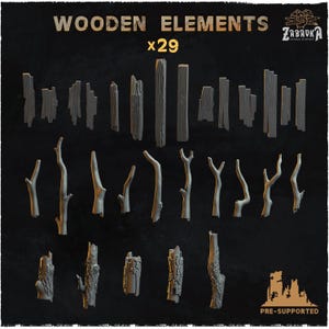 Peut inclure: Ensemble de 29 éléments en bois, comprenant des planches, des branches et des troncs d'arbres. Les éléments sont de tailles et de formes variées, avec des veines et des textures de bois visibles. Le texte "WOODEN ELEMENTS x29" est en haut.
