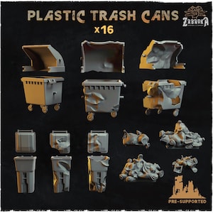 May include: A collection of sixteen plastic trash cans in various states of disrepair. The image includes several intact and damaged trash cans, some with wheels, and the text "PLASTIC TRASH CANS x16".