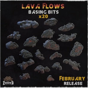 May include: Twenty grey rock-like basing bits with textured surfaces and orange lava-style markings. The text reads LAVA FLOWS BASING BITS x20 and FEBRUARY RELEASE. The pieces vary in shape and size, designed for miniature model bases.
