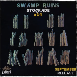 May include: A set of 14 miniature wooden stockade wall segments featuring pointed logs tied together with rope. The text SWAMP RUINS STOCKADE x14 and SEPTEMBER RELEASE is visible along with a ZABAVKA WORKSHOP logo on a black background.