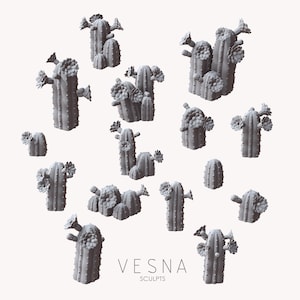 May include: A collection of grey cactus sculptures with textured surfaces and delicate flower details. The sculptures vary in size and shape, some with multiple stems. The word "VESNA" and the word "SCULPTS" are printed in the image.