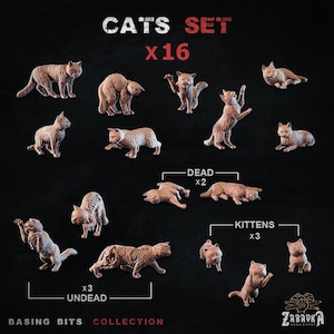 Puede incluir: Un conjunto de 16 figuras de gatos en miniatura en varias poses, incluyendo de pie, tumbados y juguetones. El conjunto incluye figuras de gatos "muertos" y "no muertos", así como gatitos. El texto "Cats Set x16" se muestra en la parte superior.
