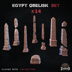 May include: A collection of 14 miniature Egypt obelisk models in shades of brown. The obelisks are of varying heights and designs, with detailed carvings and hieroglyphs. The text "EGYPT OBELISK SET" and "X14" are displayed at the top.