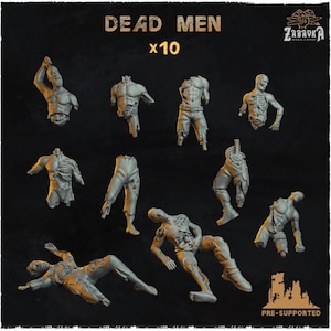 May include: A set of ten grey miniature figures depicting decaying corpses. The figures are in various poses, some with exposed rib cages and torn clothing. The text "DEAD MEN x10" is displayed at the top.