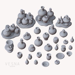 30x Clay Pots Jugs Basing Bits | Warhammer 40k AoS DnD RPG Tabletop Terrain Ceramic Vessels Miniature Diorama Scenery Decor | Vesna Sculpts