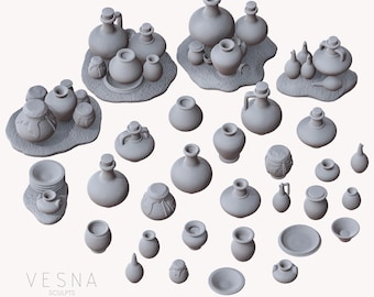 30x Clay Pots Jugs Basing Bits | 28mm 32mm Tabletop Terrain Diorama Scenery Medieval Village Supply Household Interior | Vesna Sculpts