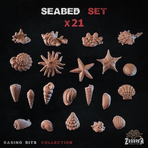 May include: A collection of 21 beige-colored seabed-themed miniatures, including starfish, shells, and coral. The text "SEABED SET X21" is displayed at the top, with "BASING BITS COLLECTION" at the bottom. The Zabaka Workshop logo is in the bottom right corner.