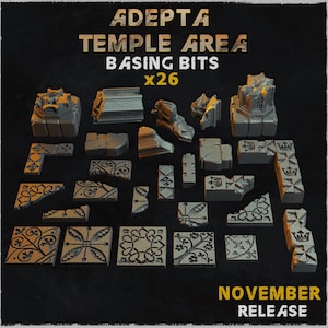 Peut inclure: Ensemble de 26 éléments de base miniatures gris pour une zone de temple. L'image présente divers éléments architecturaux tels que des colonnes, des carreaux et des pièces décoratives. Le texte sur l'image indique "ADEPTA TEMPLE AREA BASING BITS x26" et "NOVEMBER RELEASE".
