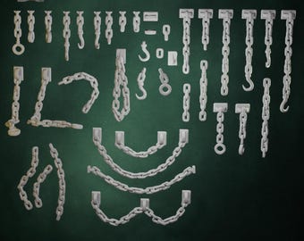 39x Metal Chains & Hooks For Basing Bits | 28mm 32mm Tabletop Terrain Diorama Scenery Links Shackles Industrial Detailing | See Forges