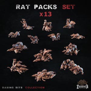 Può includere: Una collezione di tredici confezioni di ratti, ciascuna con diverse figurine di ratti marroni in varie pose. Il testo "RAT PACKS SET X13" è visualizzato in alto. La frase "BASING BITS COLLECTION" è in basso.