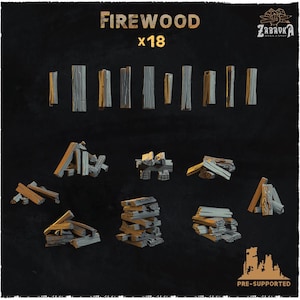 Può includere: Un assortimento di pezzi di legna pre-supportati, tra cui tronchi singoli e fasci impilati. L'immagine presenta il testo "FIREWOOD x18" in lettere dorate, insieme al logo di "ZABAVKA WORKSHOP" e al testo "PRE-SUPPORTED".