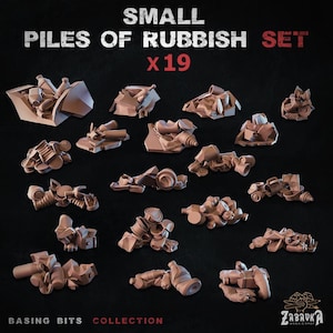 Może przedstawiać: Zestaw 19 małych, brązowych, plastikowych stosów śmieci, idealnych do modelarstwa. Tekst "SMALL PILES OF RUBBISH SET X19" jest wyświetlany u góry. Słowa "BASING BITS COLLECTION" znajdują się na dole.