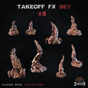 Könnte beinhalten: Ein Set aus acht braunen Takeoff FX-Modellen, die für Basisteile entworfen wurden. Die Modelle sind so geformt, dass sie Rauch- oder Dampfspuren ähneln. Der Text "TAKEOFF FX SET X8" wird oben angezeigt, mit "BASING BITS COLLECTION" unten.