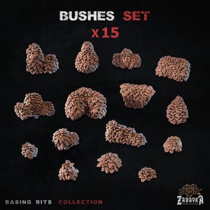 May include: A set of fifteen brown miniature bushes in various shapes and sizes, perfect for tabletop gaming or model scenery. The text "BUSHES SET x15" is displayed at the top, with "BASING BITS COLLECTION" at the bottom.