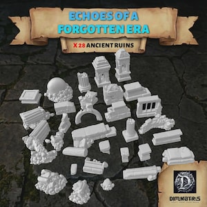 Puede incluir: Una colección de 28 miniaturas blancas de ruinas antiguas con diversos elementos arquitectónicos como pilares, arcos y fragmentos de piedra. El conjunto lleva el texto Echoes of a Forgotten Era y X 28 Ancient Ruins en la parte superior.
