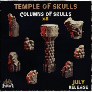 Op de afbeelding: Afbeelding van acht bruine zuilen met schedelontwerpen, getiteld "Temple of Skulls" en "Columns of Skulls x8". De afbeelding bevat ook de tekst "July Release" en het logo van Zabavka Workshop.