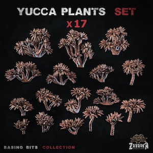 Może przedstawiać: Zestaw 17 brązowych roślin juki w różnych rozmiarach i kształtach, ułożonych na ciemnym tle. U góry tekst "YUCCA PLANTS SET x17", a na dole "BASING BITS COLLECTION".