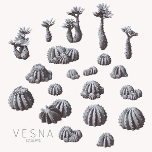Op de afbeelding: Een verzameling grijze, 3D-gerenderde cactussculpturen in verschillende vormen en maten. Sommige cactussen hebben bloemachtige structuren aan de top. De afbeelding bevat de tekst "VESNA SCULPTS" in een minimalistisch lettertype.