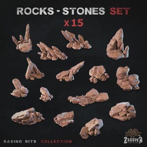May include: A set of 15 brown, angular rock and stone formations for miniature basing. The text ROCKS - STONES SET x 15 is displayed at the top, and BASING BITS COLLECTION is at the bottom, with a small logo in the bottom right corner.