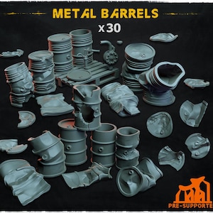 May include: A collection of 30 gray metal barrels, some intact and others damaged, with the text "METAL BARRELS" and "x30" in yellow. The barrels vary in size and shape, with some appearing crushed or broken. The image is set against a dark background.