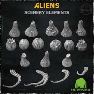 Könnte beinhalten: Eine Sammlung von Alien-Themen-Szenerieelementen, darunter verschiedene hülsenförmige Strukturen und organische Formen. Das Bild zeigt den Text "ALIENS SCENERY ELEMENTS" und "PRE-SUPPORTED". Die Objekte sind in Grautönen gehalten und für Tabletop-Spiele oder Modellbau konzipiert.