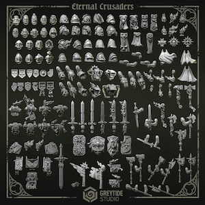 May include: A selection of miniature figurines and accessories, including helmets, shoulder pads, swords, shields, and capes. The items are in various shapes and sizes, with intricate details. The text "Eternal Crusaders" is at the top, and the "Greytide Studio" logo is at the bottom.