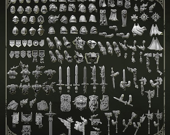 Eternal Crusaders Mega Upgrade Armor Pack | 28mm 32mm Tabletop Terrain Miniature Diorama Helmets Swords Shoulders Shields | Greytide Studio