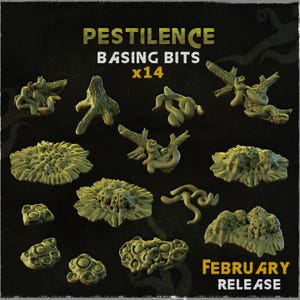 Pode incluir: Uma coleção de 14 "Pestilence Basing Bits" verdes para bases de miniaturas. A imagem apresenta várias formas orgânicas, incluindo vinhas torcidas, protuberâncias bulbosas e estruturas florais. O texto diz "February Release."