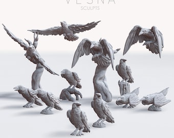 12x Raven Birds Pack Basing Bits | 28mm 32mm Tabletop Terrain Miniature Diorama Scenery Flying Perching Wildlife Figures | Vesna Sculpts