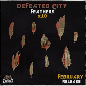 Pode incluir: Uma imagem de dez penas detalhadas em várias formas e tamanhos, com uma mistura de tons bege e castanho avermelhado. O texto "DEFEATED CITY FEATHERS x10" está no topo e "FEBRUARY RELEASE" na parte inferior. O logotipo ZABAVKA WORKSHOP está no canto inferior esquerdo.