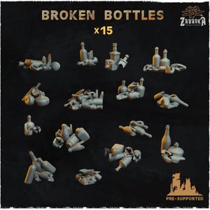 May include: A collection of fifteen gray, broken bottle models. The bottles are in various states of disrepair, with shattered glass and fragmented pieces. The text "BROKEN BOTTLES x15" is at the top of the image.