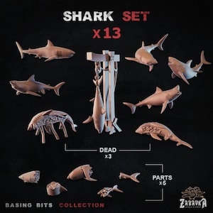 Könnte beinhalten: Ein Shark-Set mit 13 Teilen, darunter verschiedene Hai-Modelle und -Teile. Das Set enthält Haie in verschiedenen Posen, einige davon tot und hängend dargestellt. Der Text "SHARK SET x13" ist oben zu sehen.