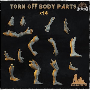 May include: A selection of grey, pre-supported, 3D-printed body parts, including arms, hands, and legs. The text "TORN OFF BODY PARTS x14" is displayed at the top. The Zabavka logo is in the upper right corner.