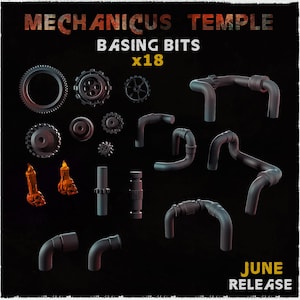 Puede incluir: Un conjunto de piezas de modelismo en miniatura, que incluye engranajes, tuberías y elementos con forma de calavera. La imagen muestra el texto "MECHANICUS TEMPLE BASING BITS x18" y "JUNE RELEASE" sobre un fondo negro.
