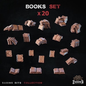 Könnte beinhalten: Ein Set von 20 Miniaturbüchern in verschiedenen Stilen, darunter offene und geschlossene Bücher sowie Stapel. Die Bücher haben eine einheitliche braune Farbe und sind auf einem dunklen Hintergrund angeordnet. Der Text "BOOKS SET x20" steht oben.