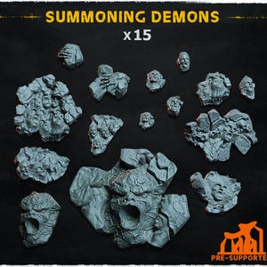 May include: A collection of 15 gray, pre-supported miniature terrain pieces, including rocks and skull-faced formations. The text "SUMMONING DEMONS" and "x15" are displayed at the top. The bottom right corner has the text "PRE-SUPPORTED".