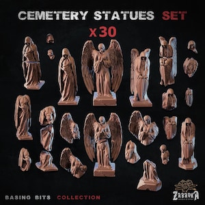 Puede incluir: Un conjunto de 30 estatuas de cementerio de color marrón rojizo, que representan ángeles y figuras con túnicas. Las estatuas se presentan sobre un fondo oscuro. El texto "CEMETERY STATUES SET" y "X30" es visible.
