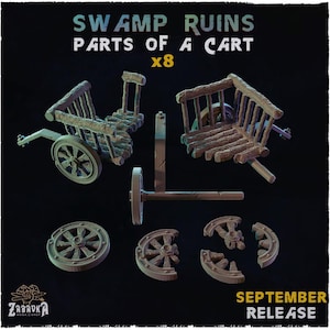 Könnte beinhalten: Ein Set aus acht braunen Miniatur-Holzwagenteilen mit der Aufschrift SWAMP RUINS PARTS OF A CART x8. Die Sammlung umfasst zwei montierte Wagenrahmen, eine Achse mit einem Rad, ein komplettes Rad und drei zerbrochene Radsegmente auf schwarzem Grund.